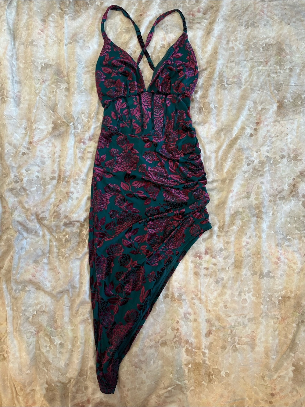 SHEIN Teal Slip Dress with Pink Floral Print and Asymmetric Hem